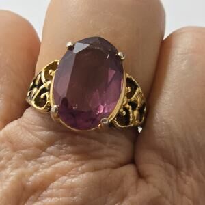 Vintage 18K GE Gold Electroplated Purple Oval Statement Ring Filigree Sz 6–6.5